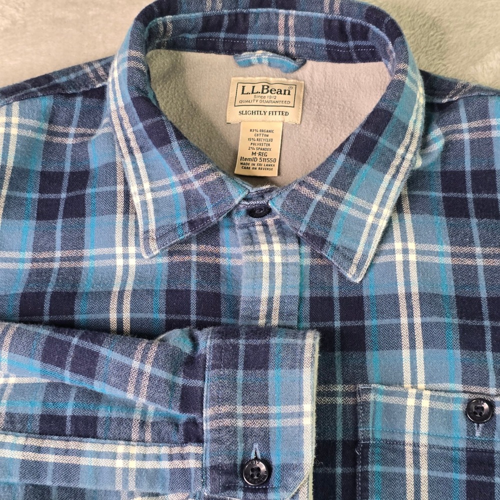 LL Bean Fleece Lined Flannel Shirt Mens Medium Blue Plaid Heavy Shacket Outdoors